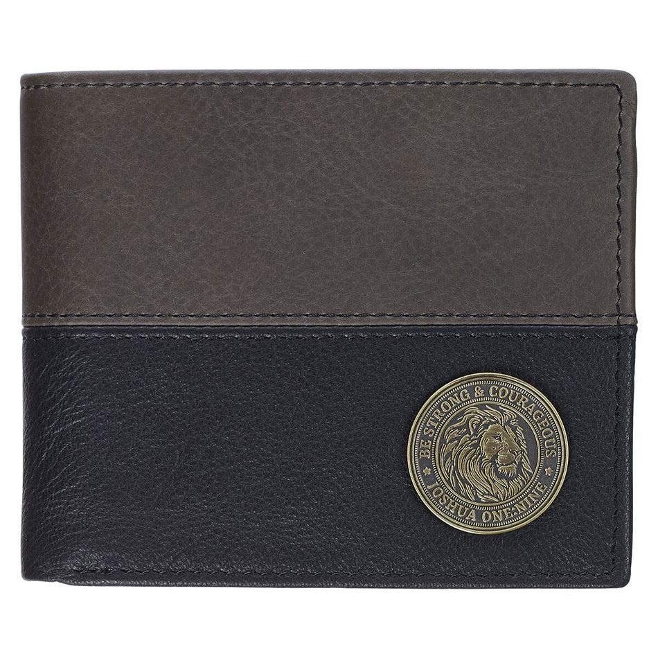 Strong and Courageous Black and Brown Full Grain Leather Wallet with Metal Badge - Joshua 1:9 by Christian Art Gifts