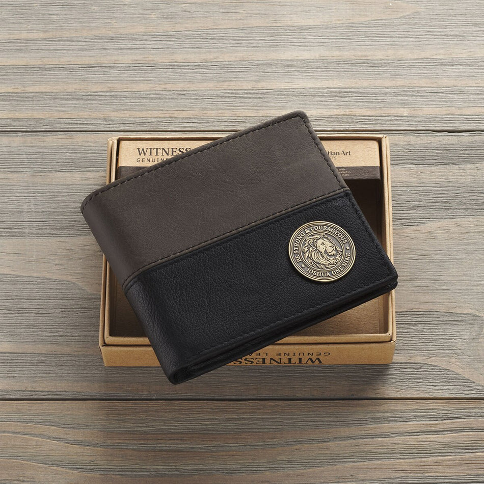 Strong and Courageous Black and Brown Full Grain Leather Wallet with Metal Badge - Joshua 1:9, product view 2