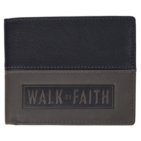 Walk by Faith Black and Gray Full Grain Leather Wallet - 2 Corinthians 5:7 by Christian Art Gifts