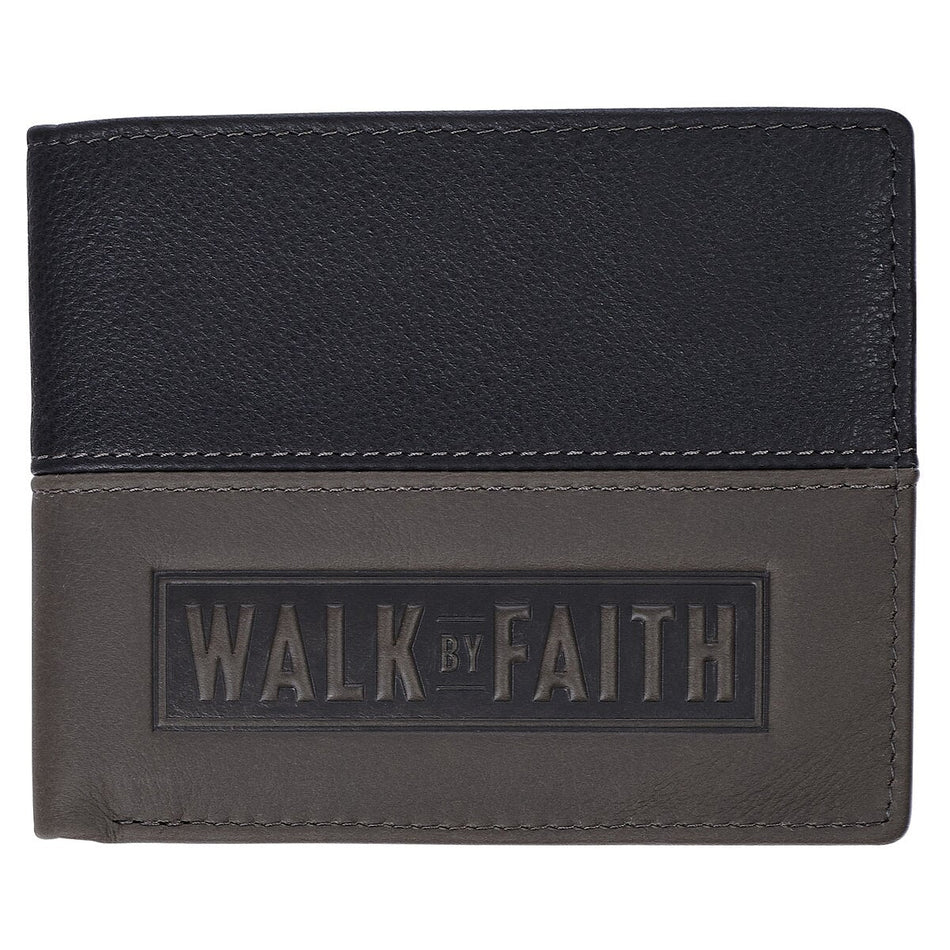 Walk by Faith Black and Gray Full Grain Leather Wallet - 2 Corinthians 5:7 by Christian Art Gifts