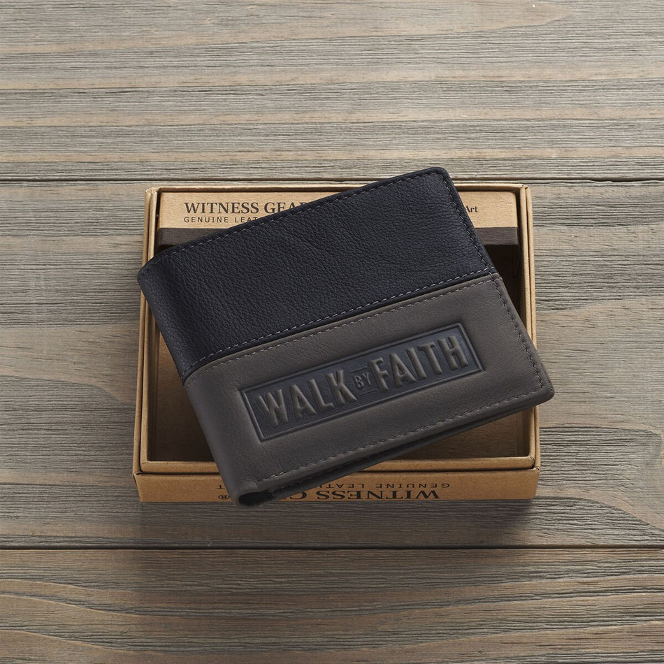 Walk by Faith Black and Gray Full Grain Leather Wallet - 2 Corinthians 5:7 by Christian Art Gifts, product view 2