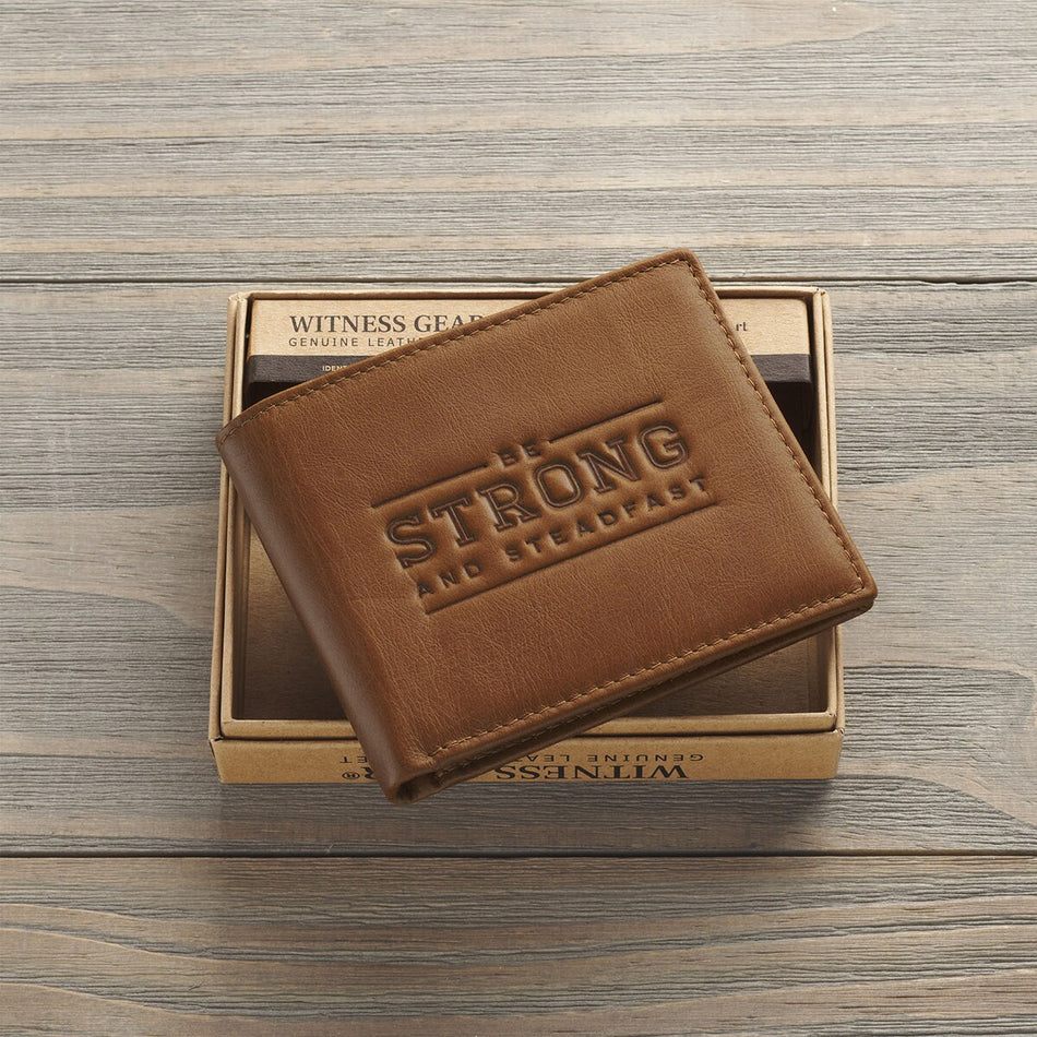 Be Strong and Steadfast Chestnut Brown Full Grain Leather Wallet - Deuteronomy 31:6 by Christian Art Gifts, product view 2
