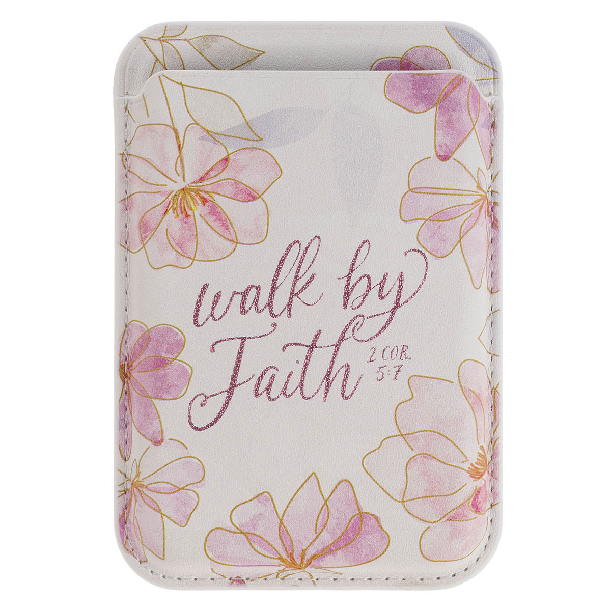 Walk by Faith Pink Cosmos Faux Leather Phone Wallet - 2 Corinthians 5:7 by Christian Art Gifts