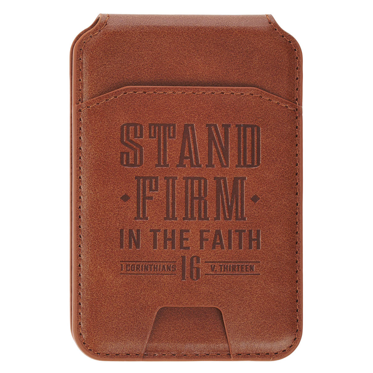 Stand Firm Honey-brown Faux Leather Phone Wallet with Stand - 1 Corinthians 16:13 by Christian Art Gifts