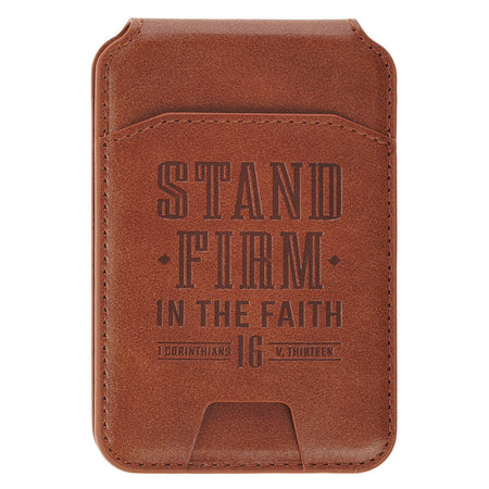 Stand Firm Honey-brown Faux Leather Phone Wallet with Stand - 1 Corinthians 16:13 by Christian Art Gifts
