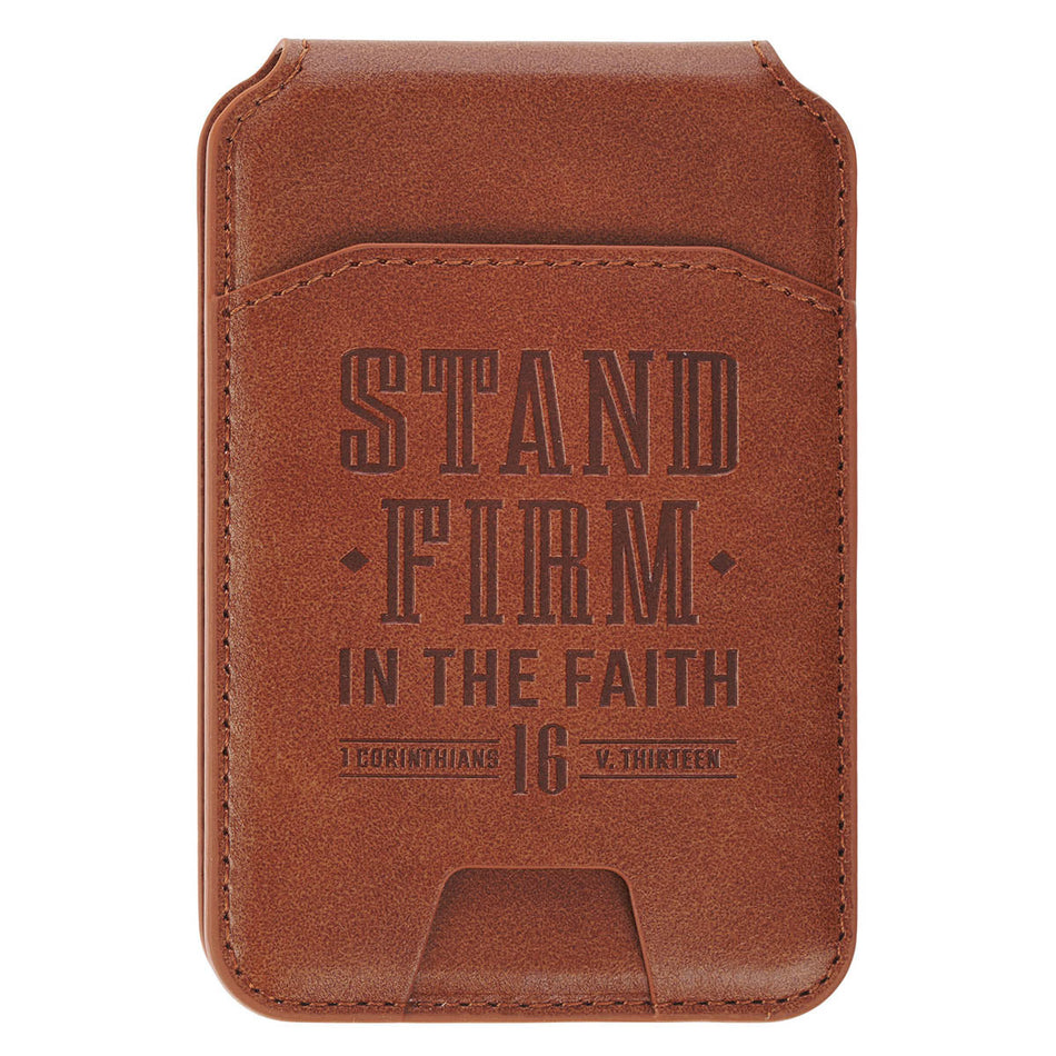 Stand Firm Honey-brown Faux Leather Phone Wallet with Stand - 1 Corinthians 16:13 by Christian Art Gifts