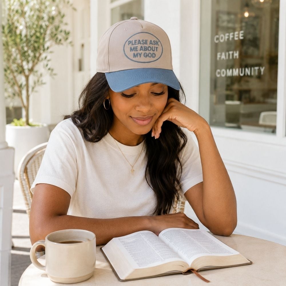 Please Ask Me About My God Blue/Tan Cap by Swanson Christian Products, product view 5