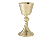 Beautifully crafted Satin Finish  Chalice plated in 24k gold with simple gold cross accent.