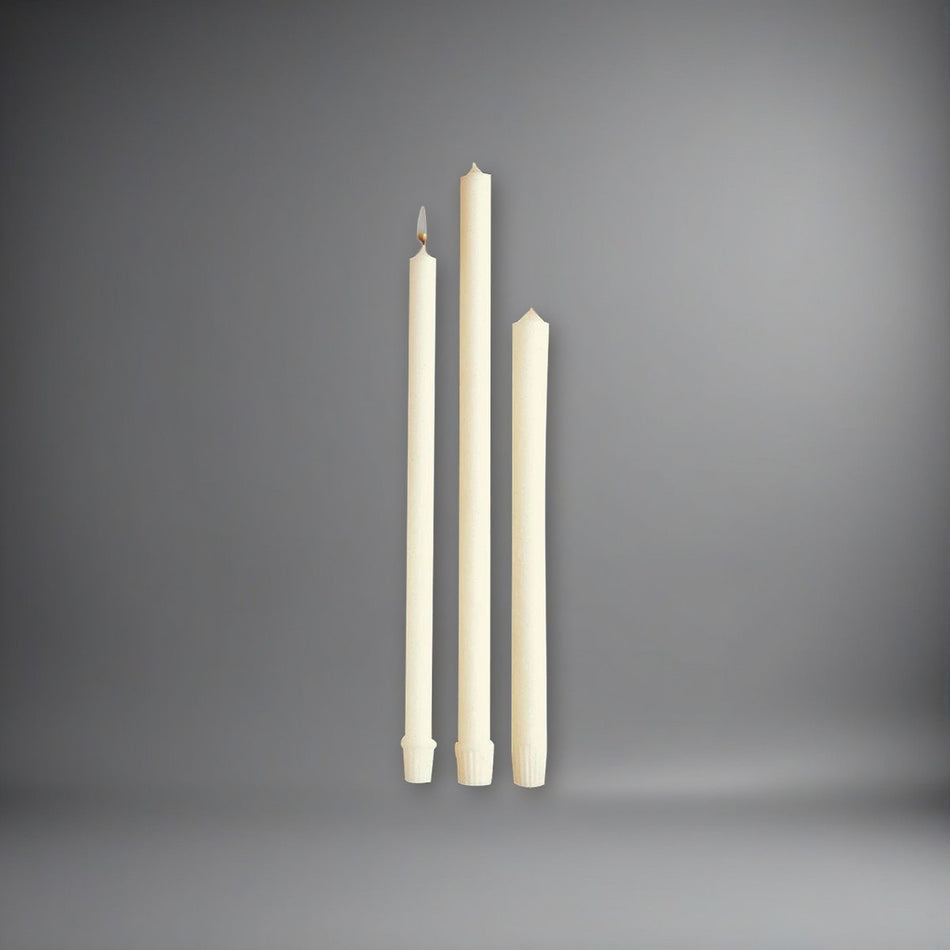 1-1/8" x 11" Emkay PE 51% Beeswax Altar Candle on a soft grey backdrop