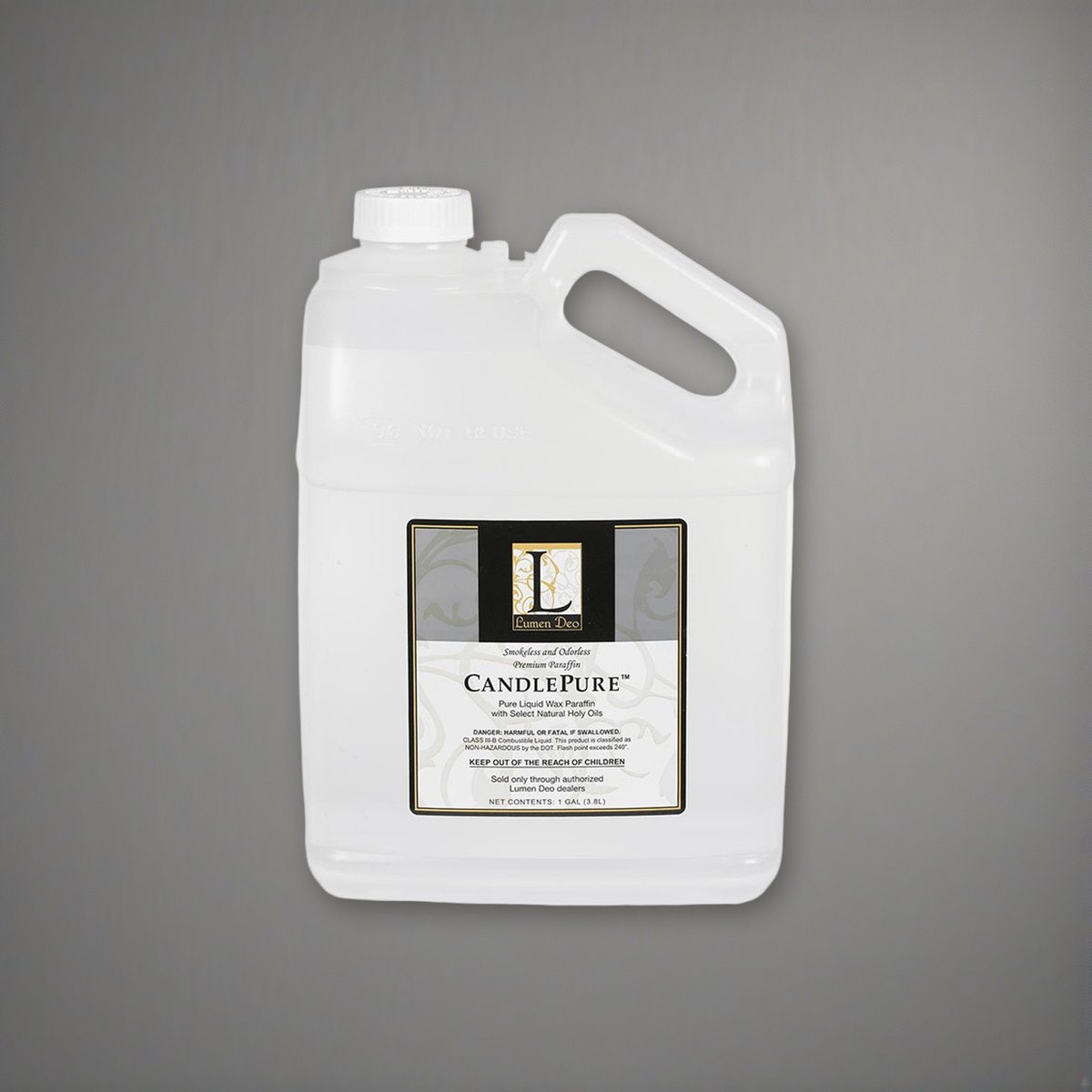 1 Gallon Containers Paraffin Oil - 4 Gallons Total on a soft grey backdrop
