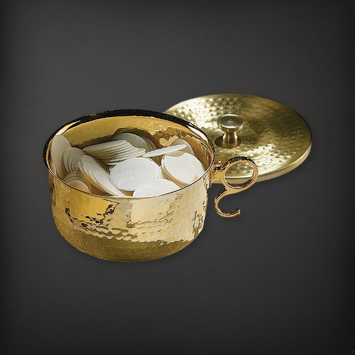 1000 Host Brass Stacking Ciborium with Lid on a charcoal backdrop