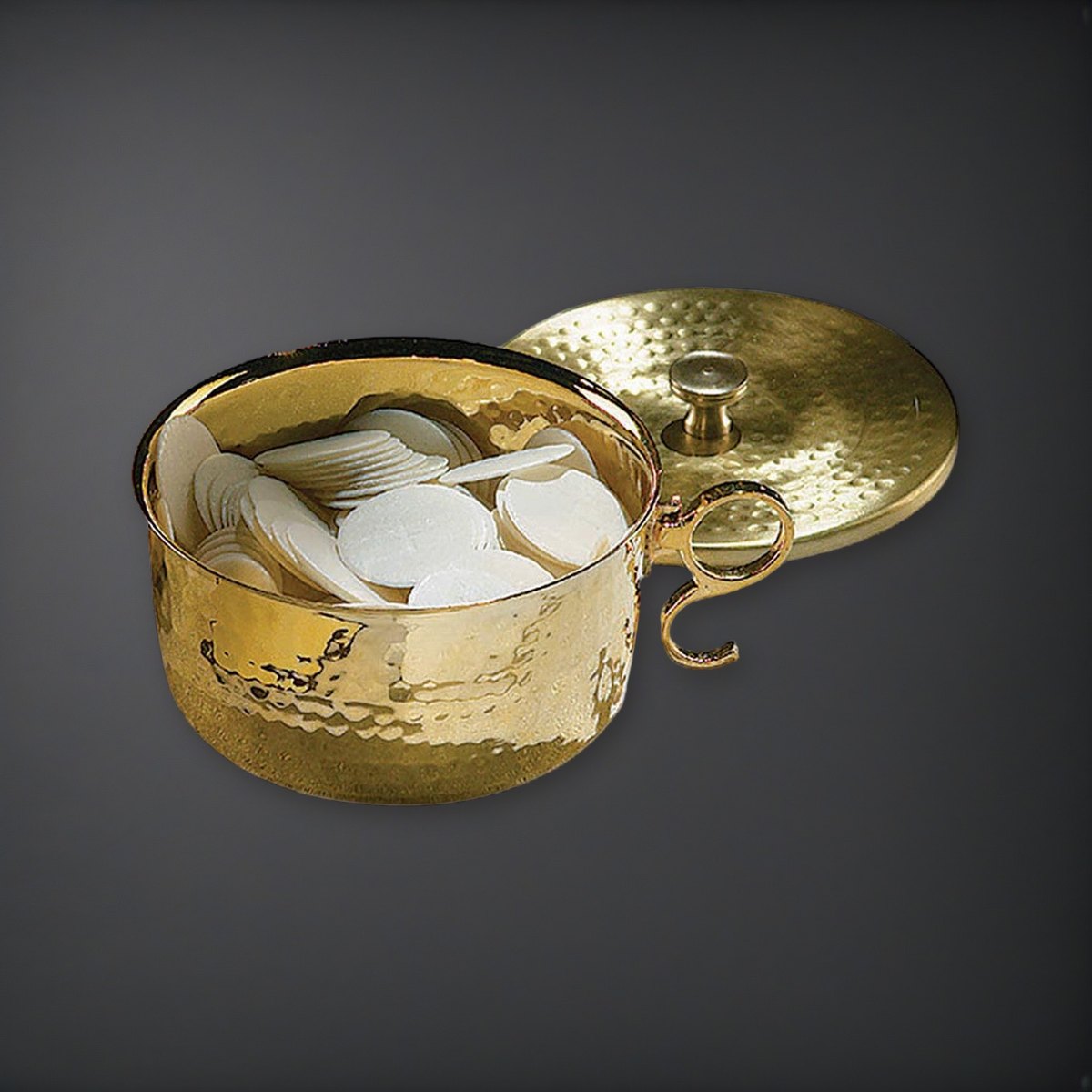 1000 Host Brass Stacking Ciborium with Lid on a charcoal backdrop