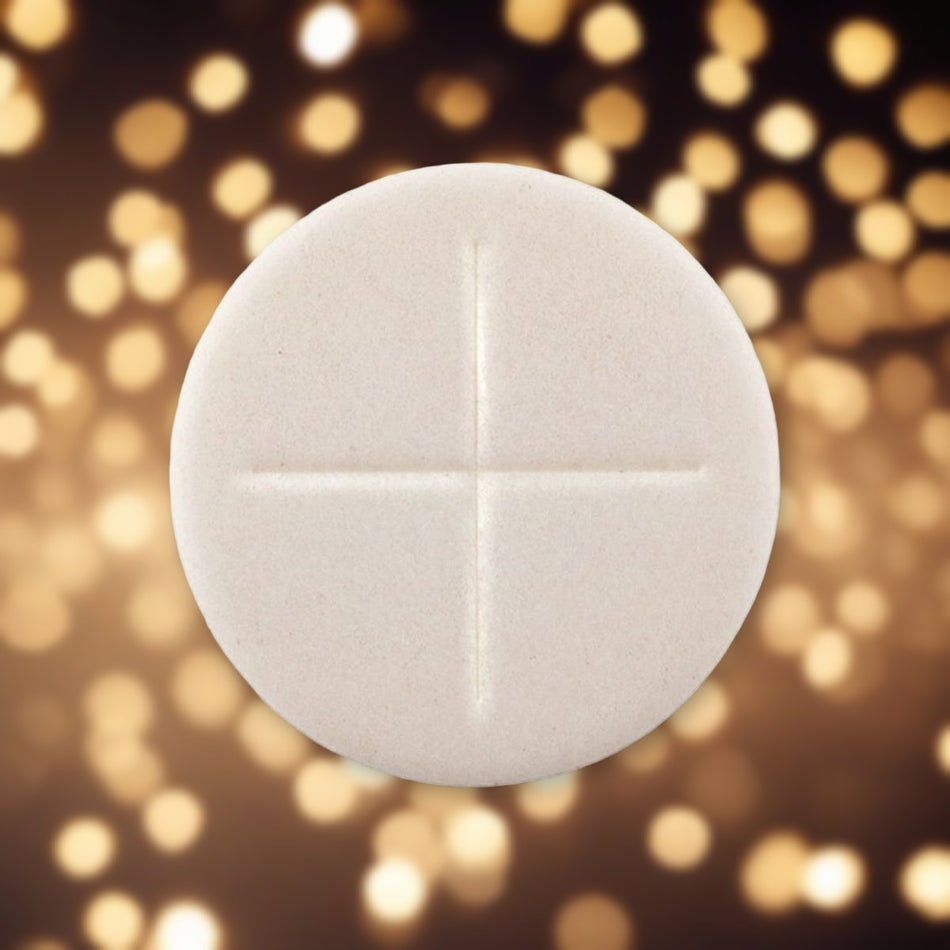 2-3/4" White Priest Hosts – 50-Piece Altar Bread – No Additives, Made in Poland against soft golden light