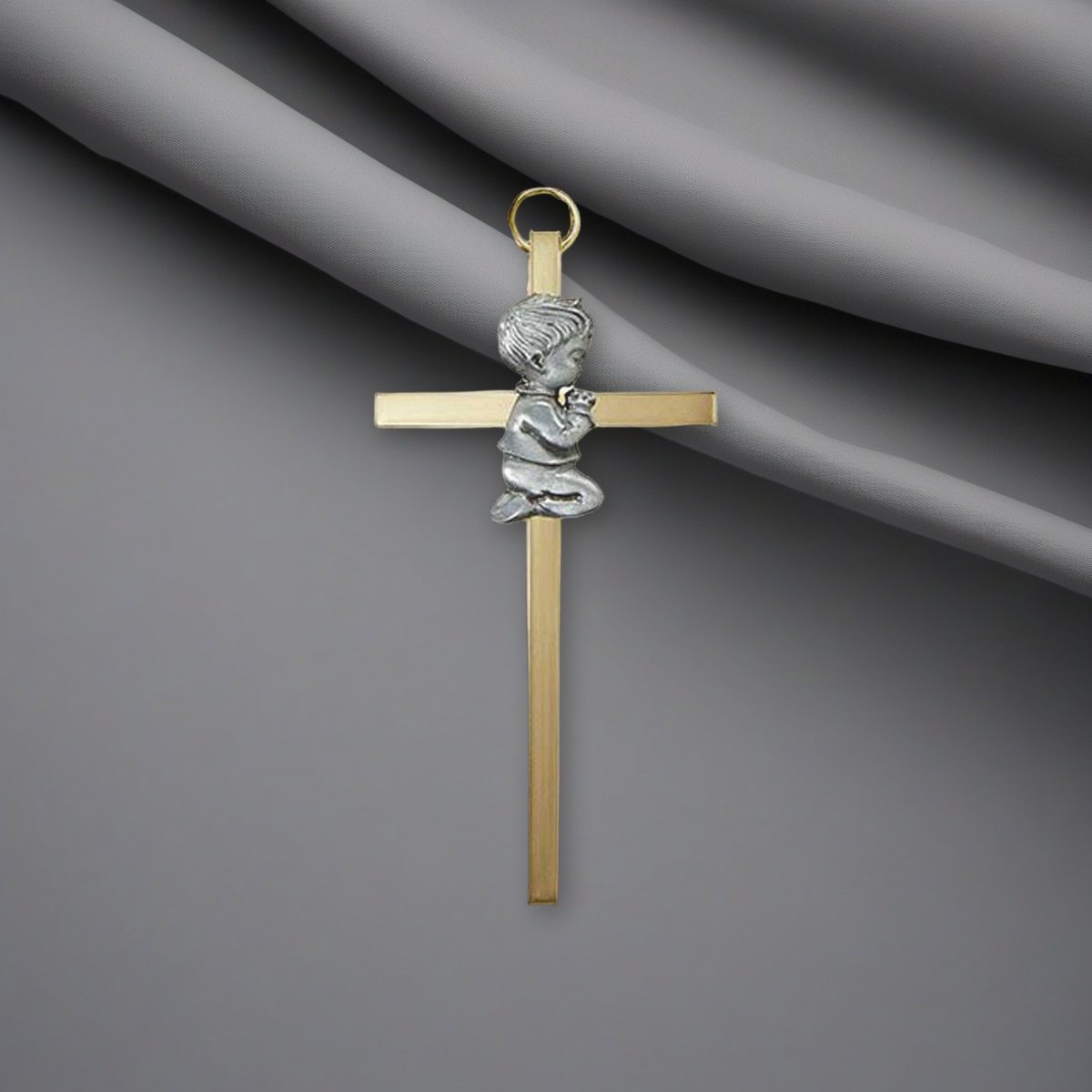 4.25″ Brass Cross with Emblem – Baby Boy | Gold-Plated Baptism Gift on a soft grey backdrop