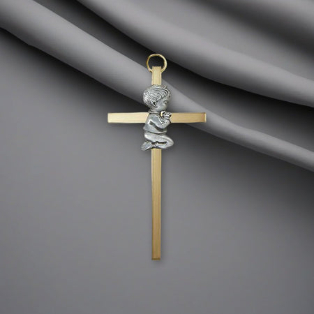 4.25″ Brass Cross with Emblem – Baby Boy | Gold-Plated Baptism Gift on a soft grey backdrop