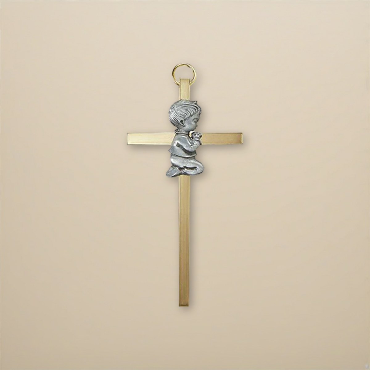 4.25″ Brass Cross with Emblem – Baby Boy | Gold-Plated Baptism Gift on a cream backdrop
