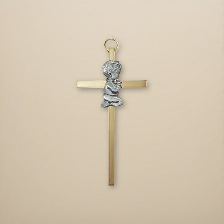 4.25″ Brass Cross with Emblem – Baby Boy | Gold-Plated Baptism Gift on a cream backdrop