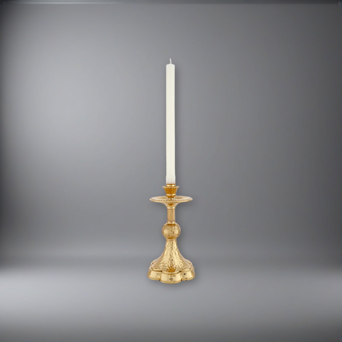 Sudbury Brass 8-3/4" Tall Hammered Base Altar Candle Stick - Pack of 2 on a soft grey backdrop