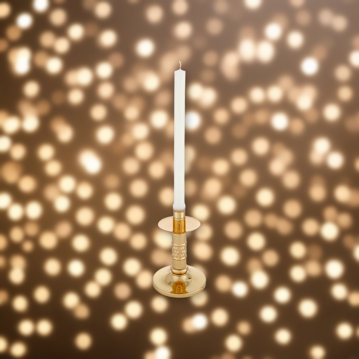 Sudbury Round Base Brass 6-1/2" Tall Altar Candle Stick - Pack of 2 against soft golden light