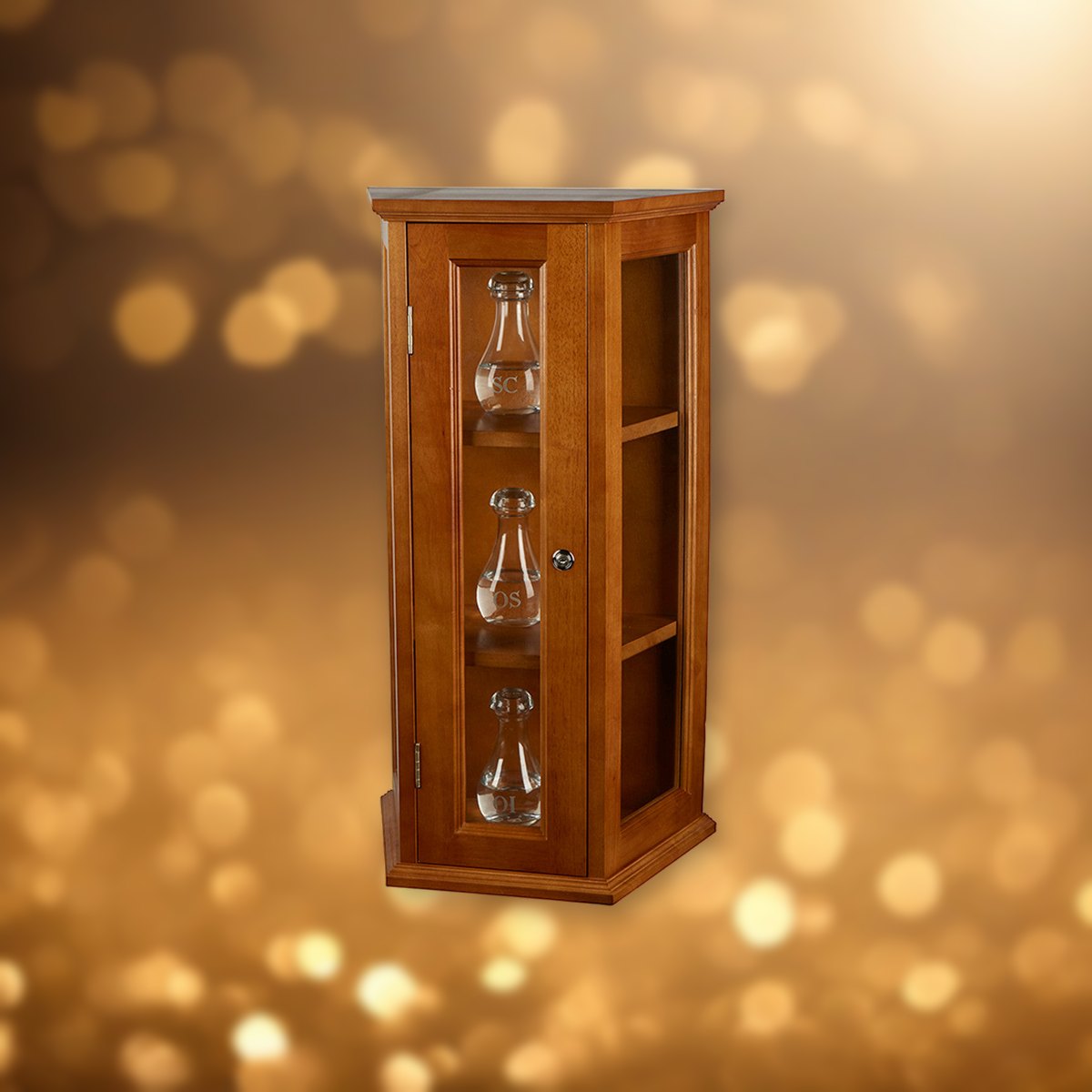 Ambry Display Cabinet - Medium Oak against soft golden light