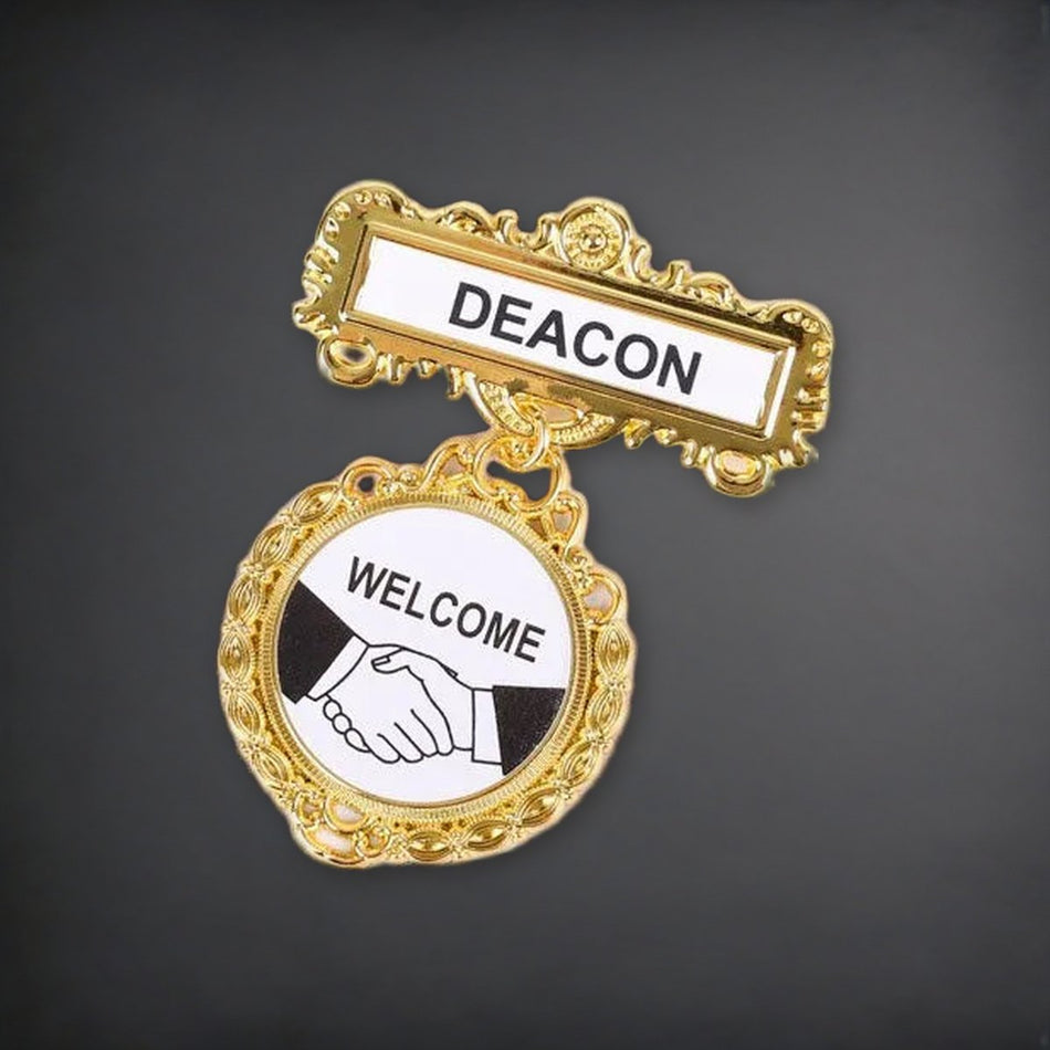 Badge Fancy Round Deacon Shaking Hands Pin on a charcoal backdrop