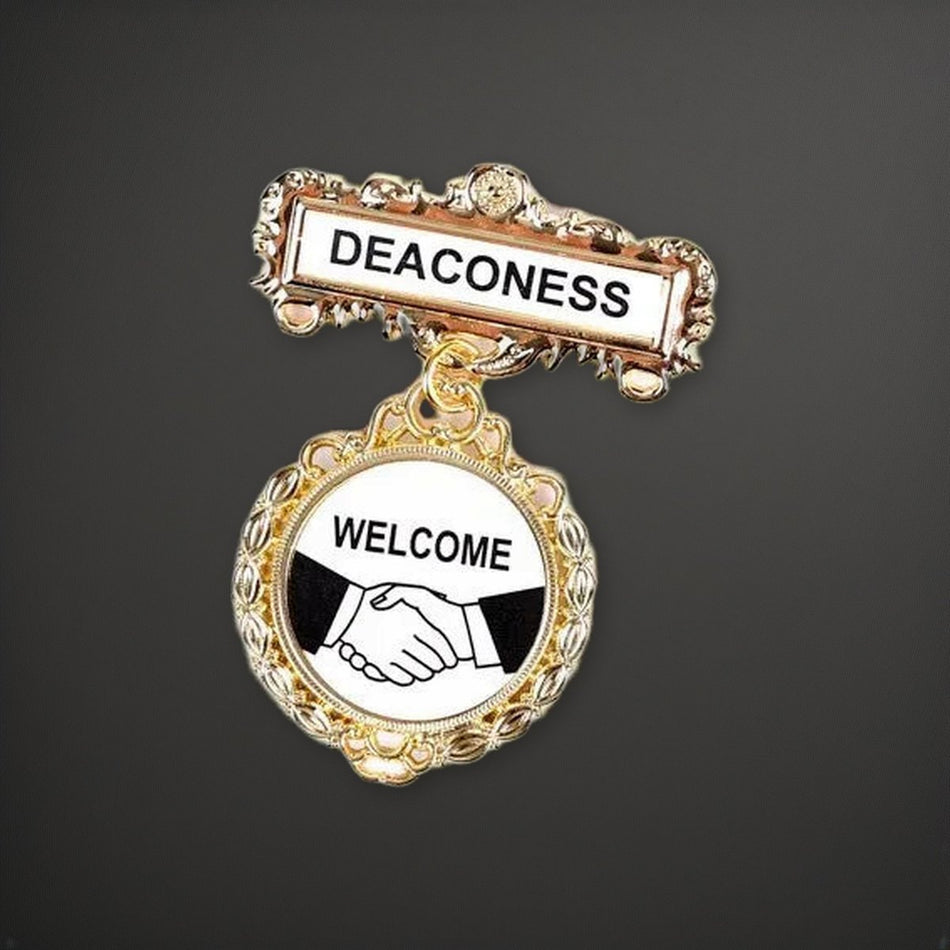 Badge Fancy Round Deaconess Shaking Hands Pin on a charcoal backdrop