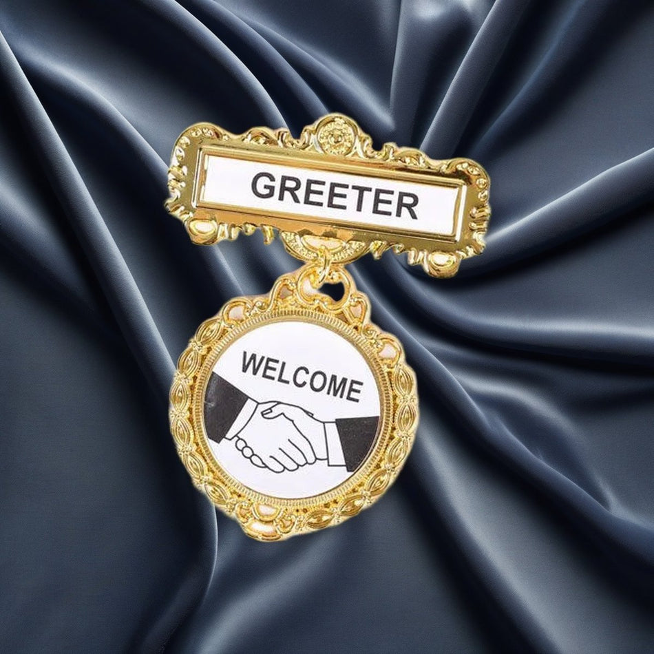 Badge Fancy Round Greeter Shaking Hands Pin on navy velvet