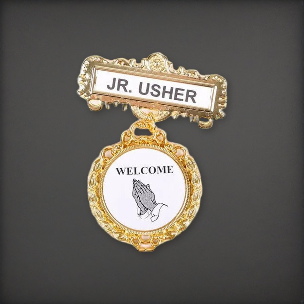 Badge Fancy Round Jr Usher Ethnic Praying Hand Magnet on a charcoal backdrop