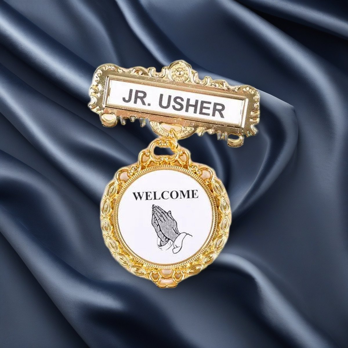 Badge Fancy Round Jr Usher Ethnic Praying Hand Magnet on navy velvet