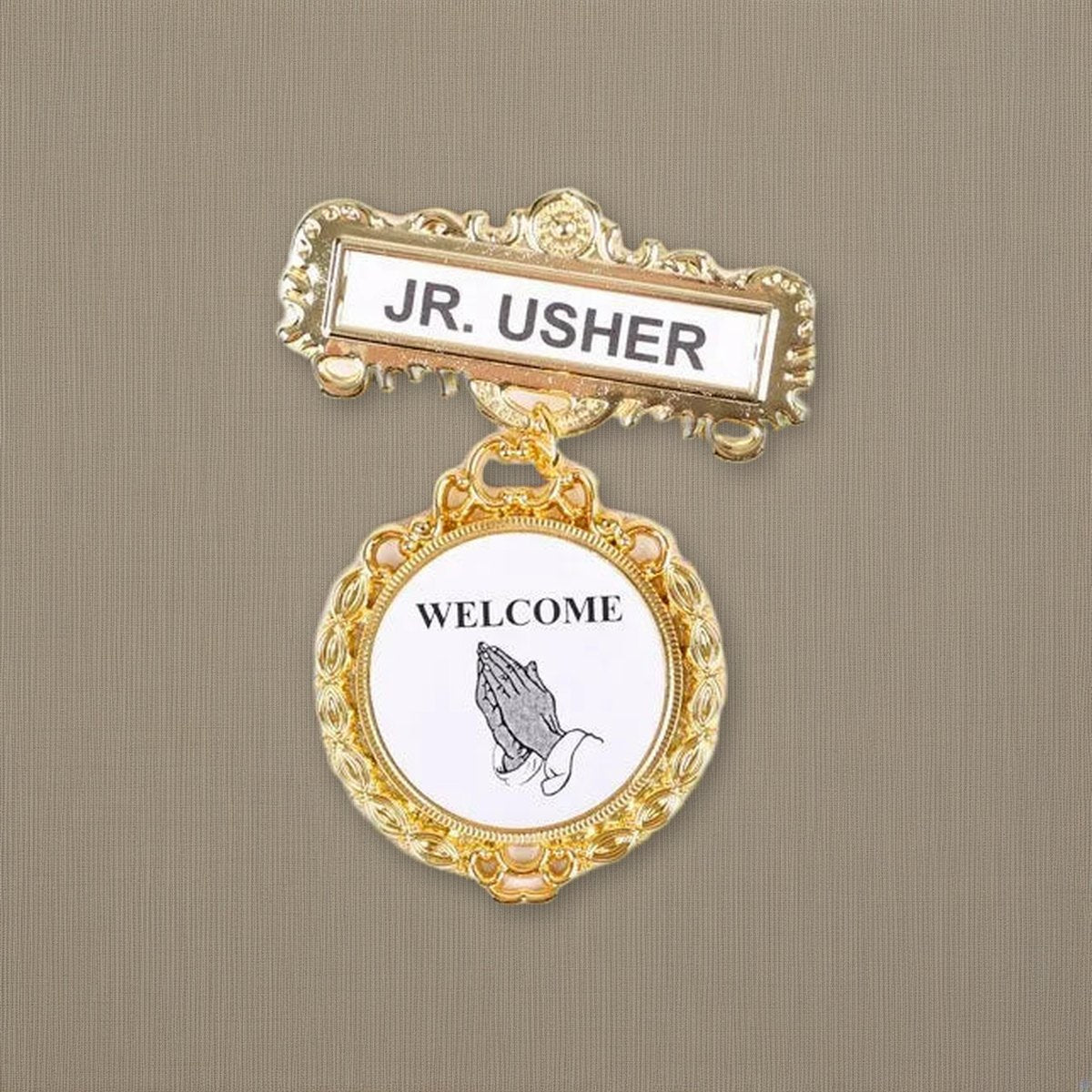 Badge Fancy Round Jr Usher Ethnic Praying Hand Magnet on natural linen