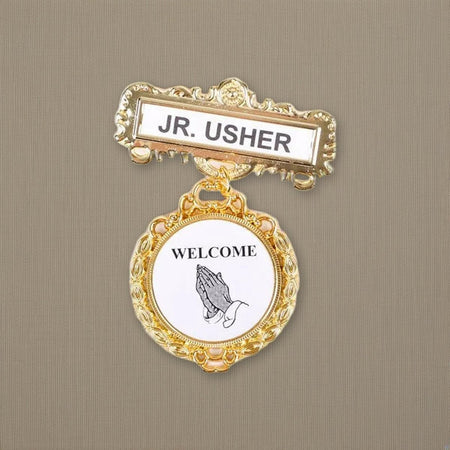 Badge Fancy Round Jr Usher Ethnic Praying Hand Magnet on natural linen