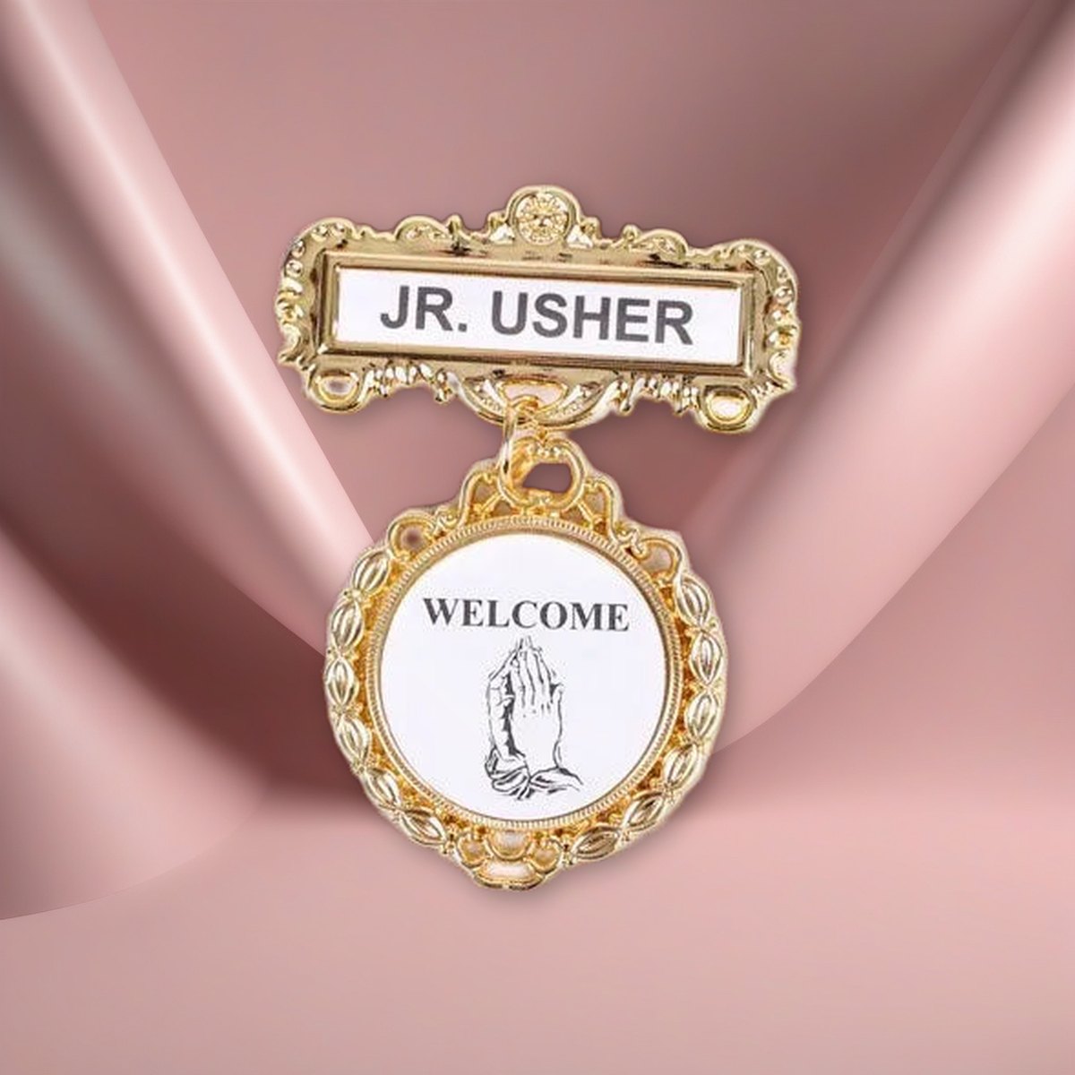 Badge - Fancy Round - Jr. Usher - Praying Hands Welcome - Pin on a blush pink backdrop
