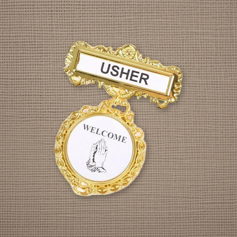 Badge Fancy Round Usher Praying Hand Magnet on natural linen