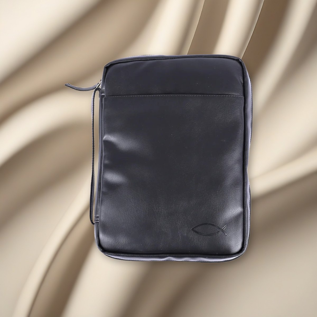 Bible Cover Imitation Leather Fish Black L on a cream backdrop