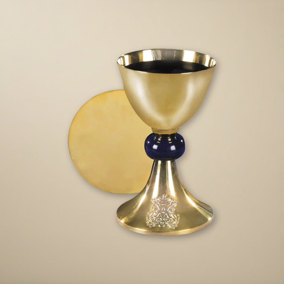 Blessed Mother Chalice and Paten Set on a cream backdrop