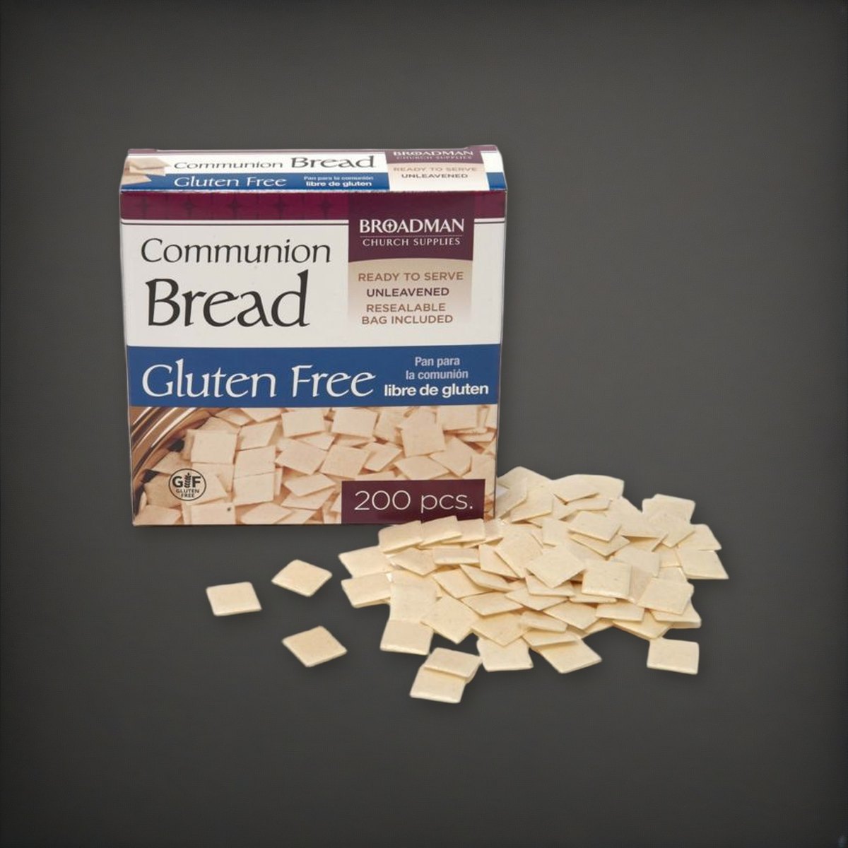 Broadman Gluten-Free Communion Bread - 200 Pieces per Box on a charcoal backdrop