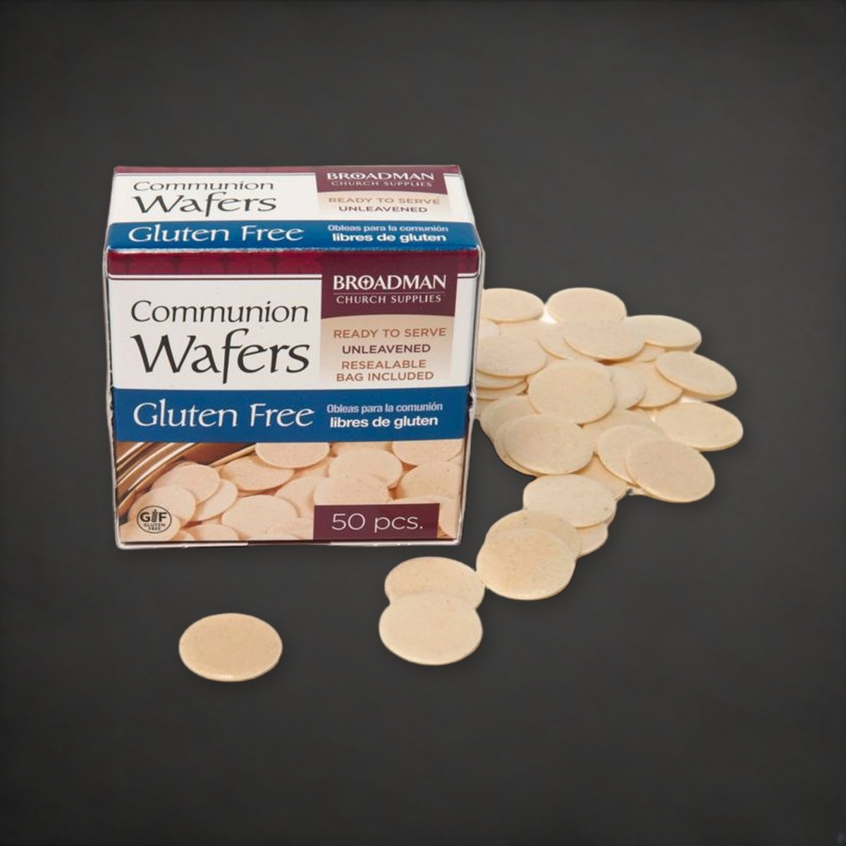 Broadman Gluten-Free Communion Wafers - 50 per Box on a charcoal backdrop