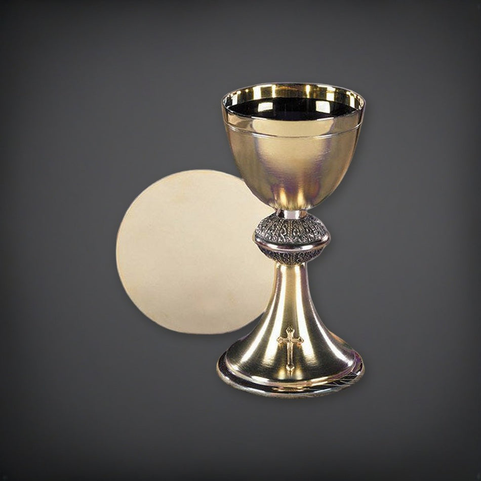 Budded Cross Chalice and Paten Set on a charcoal backdrop