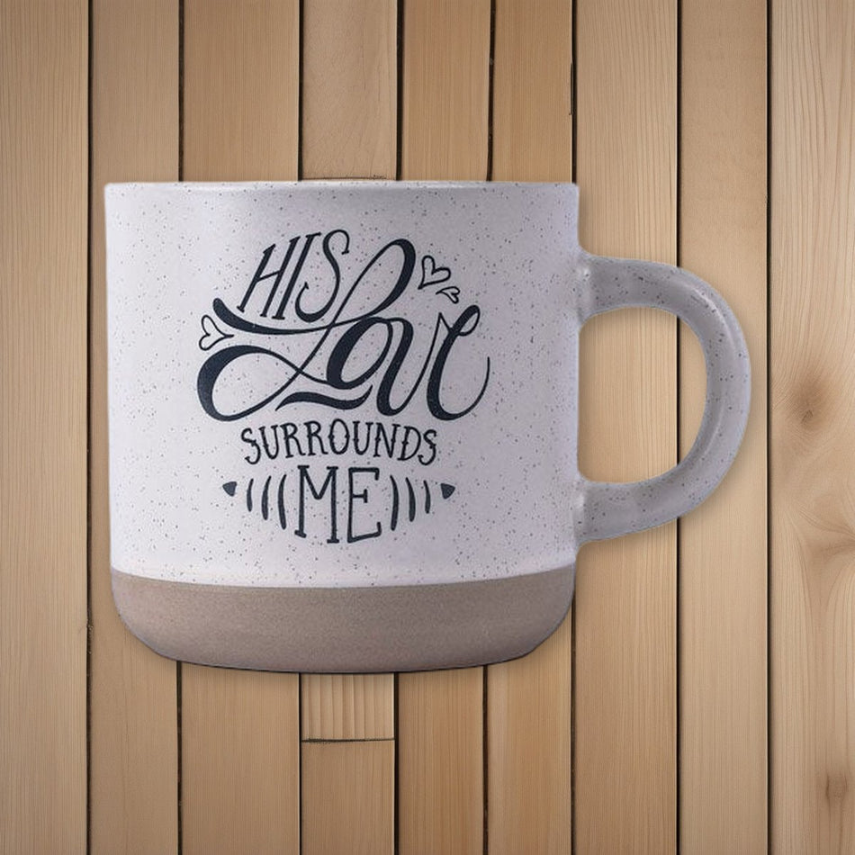 Ceramic Mug - His Love Surrounds Me - 11 oz on oak boards