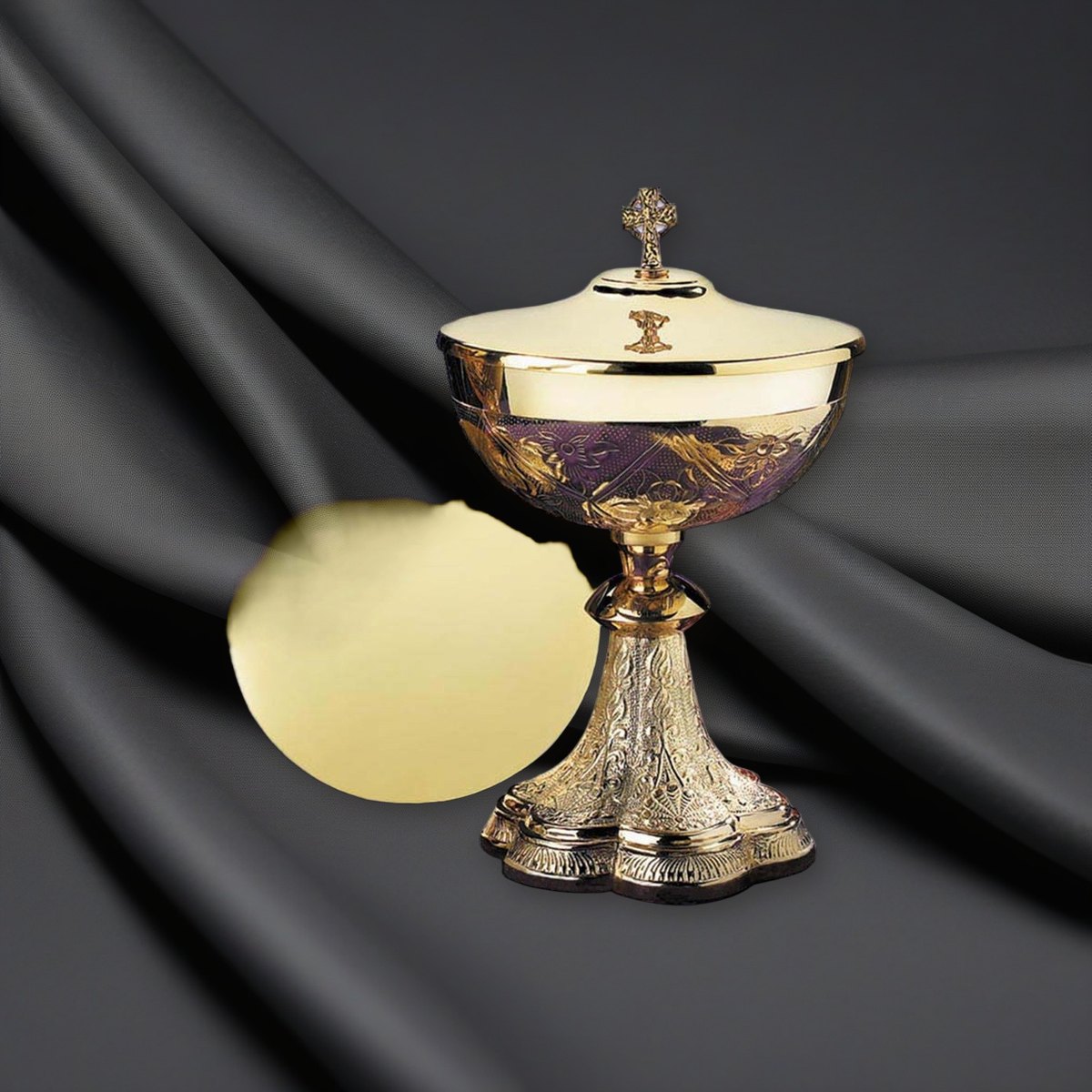 Embossed Vines Ciborium with Celtic Cross Cover on a charcoal backdrop