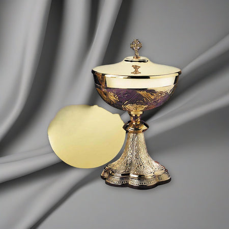 Embossed Vines Ciborium with Celtic Cross Cover on a soft grey backdrop
