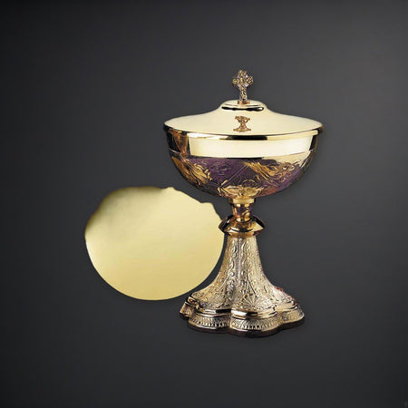 Embossed Vines Ciborium with Celtic Cross Cover on a charcoal backdrop