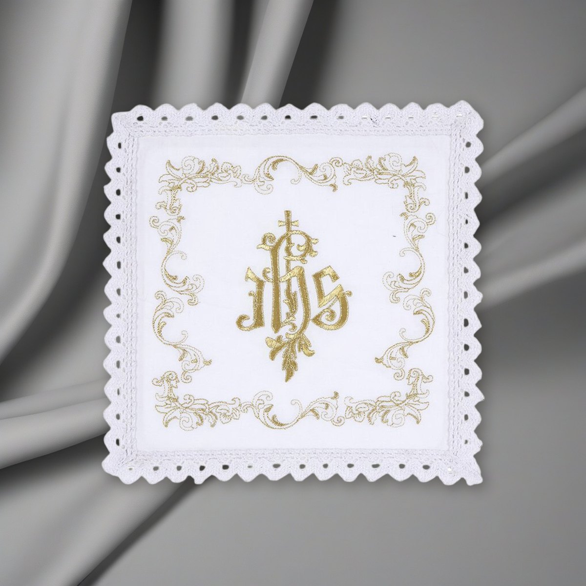 Embroidered IHS Altar Linen Gift Set - 100% Cotton on a soft grey backdrop