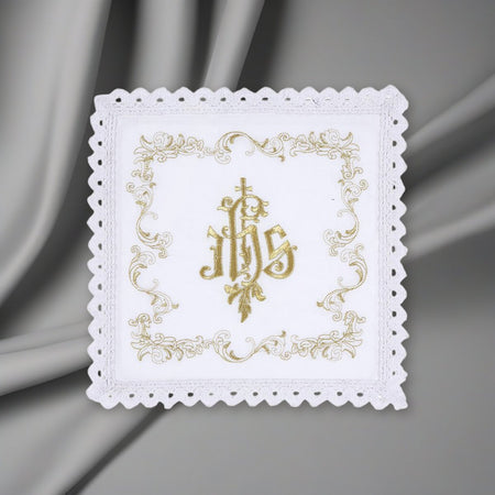 Embroidered IHS Altar Linen Gift Set - 100% Cotton on a soft grey backdrop