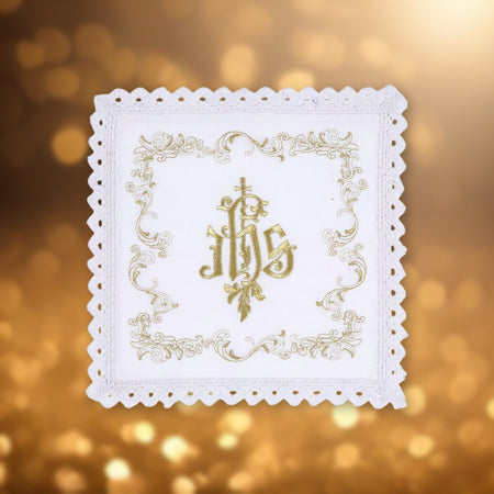 Embroidered IHS Altar Linen Gift Set - 100% Cotton against soft golden light