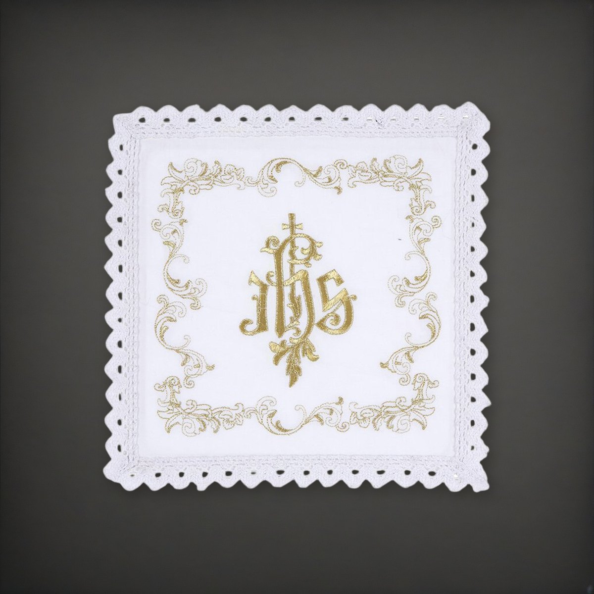 Embroidered IHS Altar Linen Gift Set - 100% Cotton on a charcoal backdrop