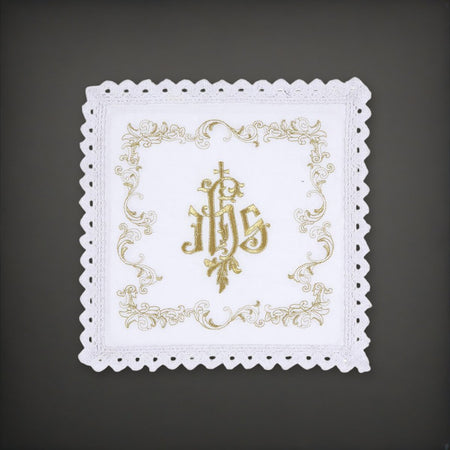 Embroidered IHS Altar Linen Gift Set - 100% Cotton on a charcoal backdrop