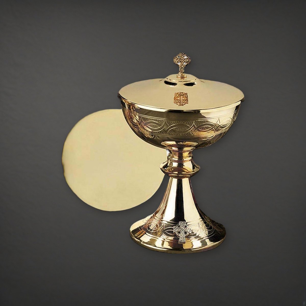 Etched Celtic Cross Ciborium with Cover on a charcoal backdrop