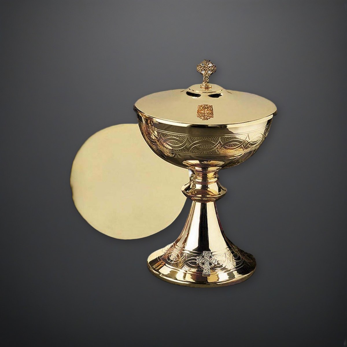 Etched Celtic Cross Ciborium with Cover on a charcoal backdrop