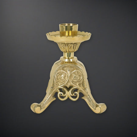 Europa Short Brass 8" Tall Altar Candlestick on a charcoal backdrop